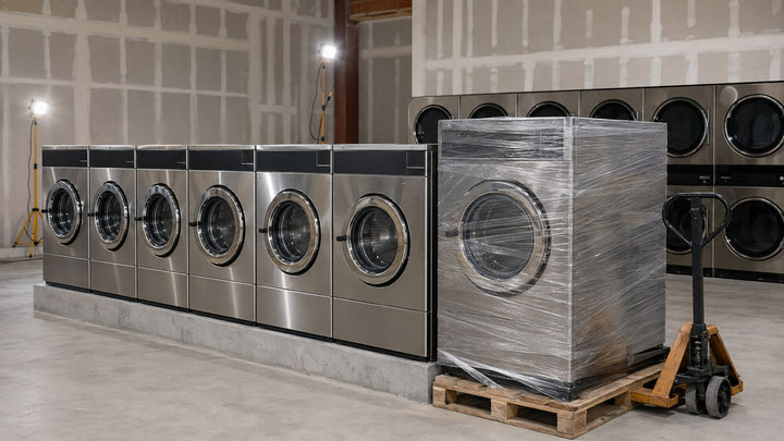 New laundromat floor during installation: a row of stainless commercial front-load washers on a concrete plinth, one machine still shrink-wrapped on a pallet, stack dryers along the back wall.
