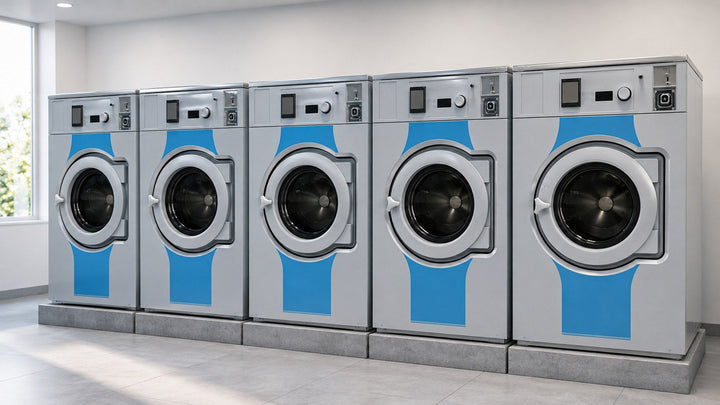 Row of five grey commercial front-load washers with blue front panels, round chrome-ring doors and coin drops, on a concrete plinth in a bright laundromat.