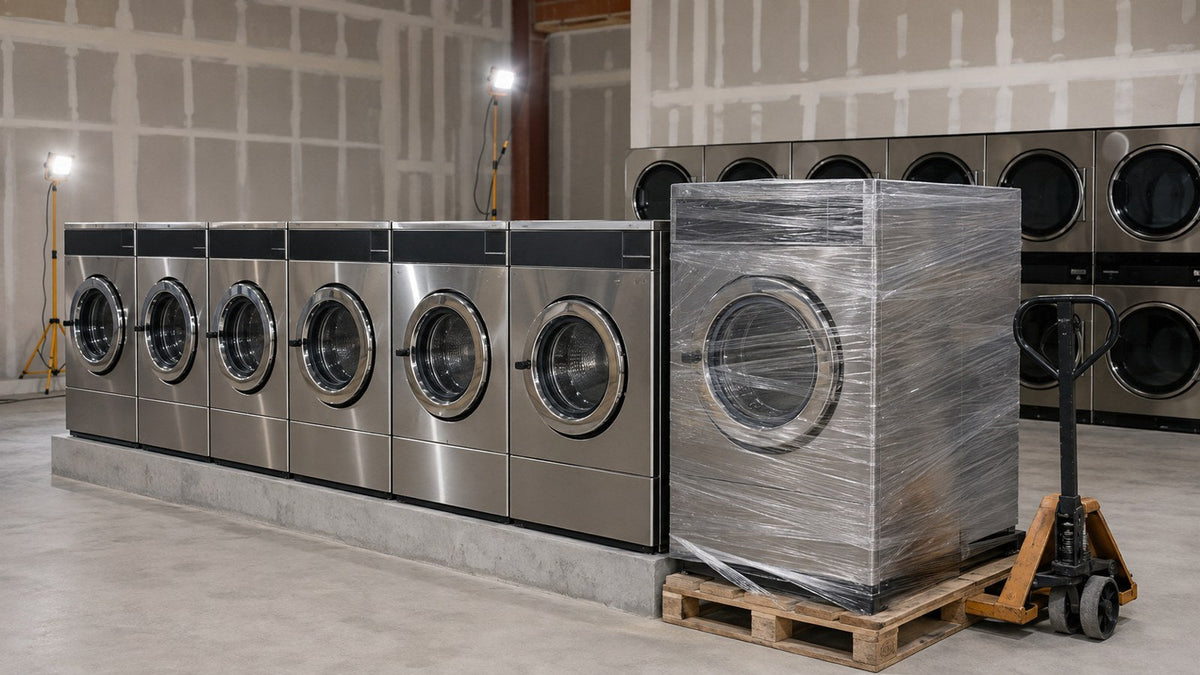 New laundromat floor during installation: a row of stainless commercial front-load washers on a concrete plinth, one machine still shrink-wrapped on a pallet, stack dryers along the back wall.