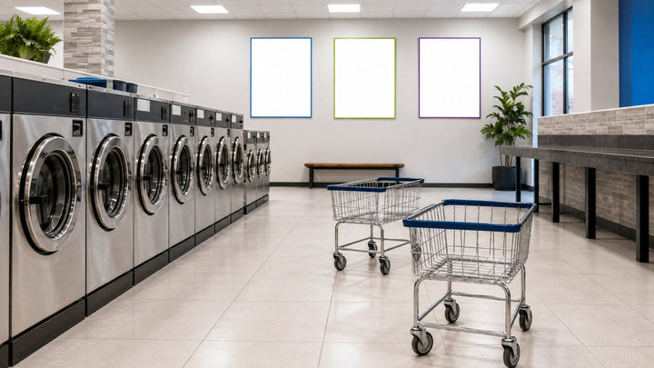 Bright self-service laundromat with a row of stainless commercial front-load washers, two wire laundry carts in the aisle and blank sign panels on the wall.