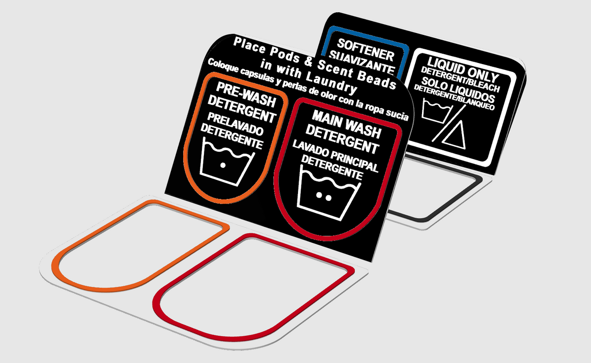 Wascomat Electrolux soap tray kit English Spanish black labels with color-coded liners